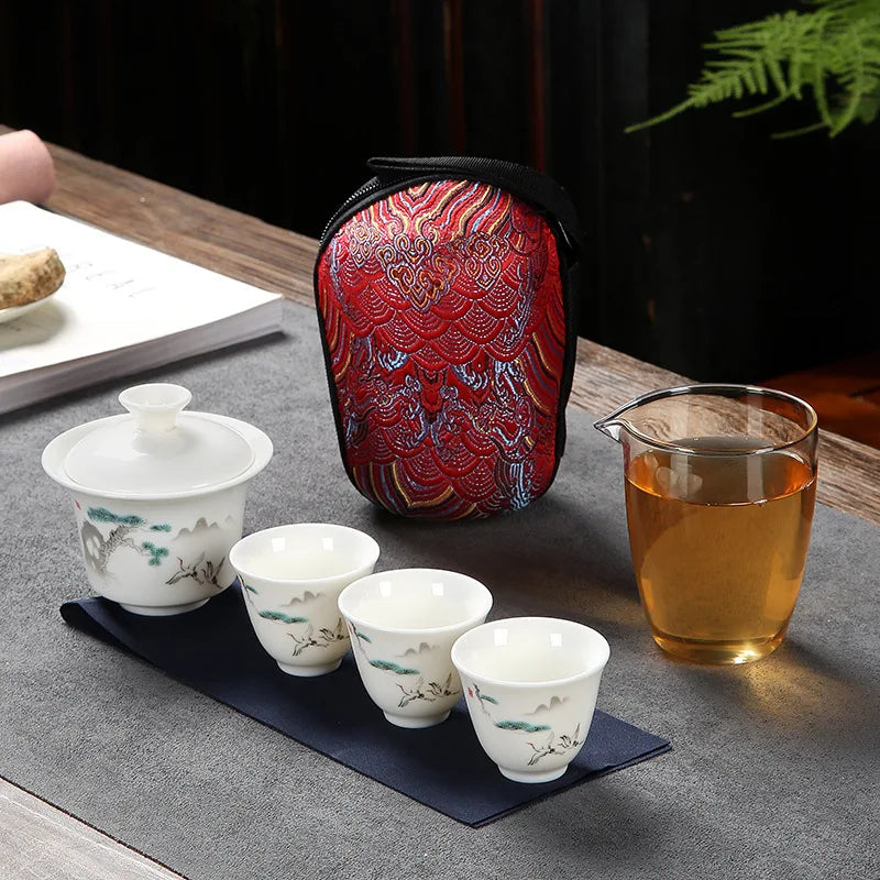 Tocchette in ceramica da stoffa con 3 tazze da tè in porcellana Gaiwan kung fu teaset tè per tè portatile da viaggio da tè regali da tè