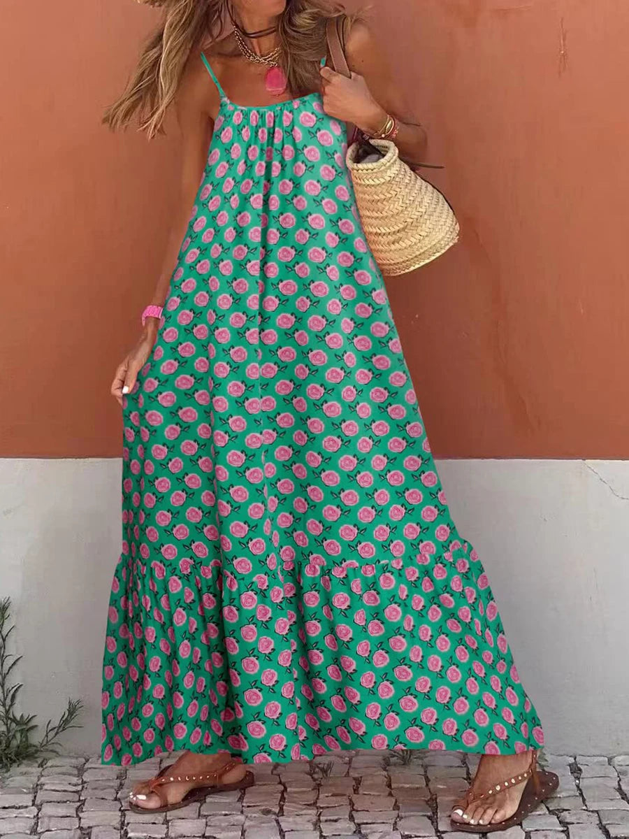 Summer Women Casual Loose Long Beach Dresses Vintage Striped Print Patchwork Dress Female Elegant Sleeveless Straps Dress