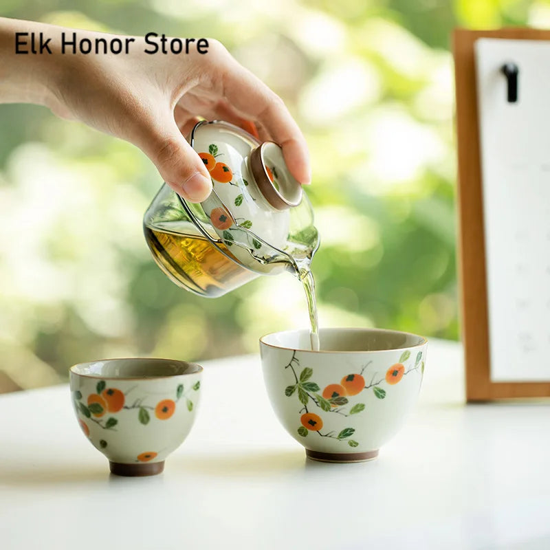 Ren handmålad persimmon keramisk kung fu te-set bärbar resor porslin teaset gaiwan te koppar te-verktyg med bärväska