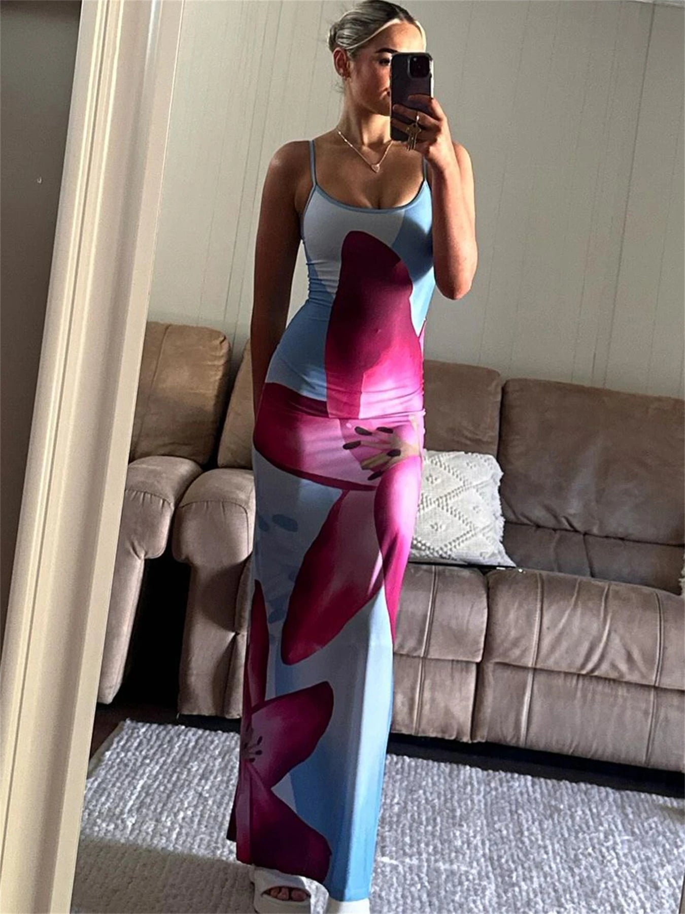Tossy Spaghetti Strap Lily Floral Slip Dress Summer Casual Printed Maxi Dresses Backless Bodycon Slim Boho Long Sundress 2023