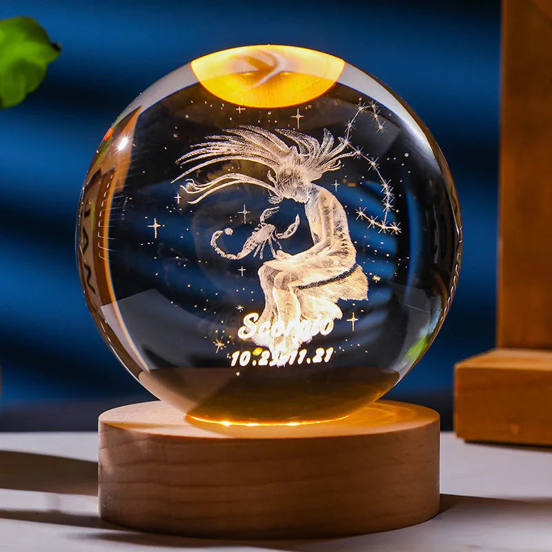 كوكبة كريستال ثلاثية الأبعاد ضوء ليلي منقوش بالليزر هدية عيد ميلاد كرة زجاجية لتزيين سطح المكتب المنزلي مع قاعدة USB خشبية