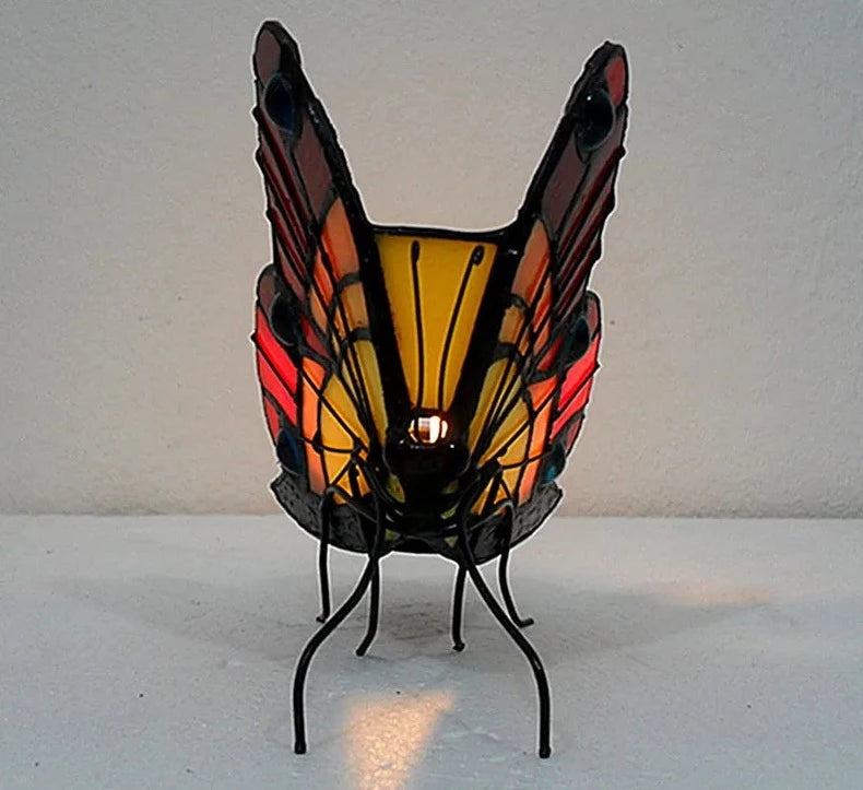 FUMAT Tiffany Butterfly Stained Glass Candle Holder Bedroom Bedside Night Light Tealight Holder Home Deco Atmosphere Lighting