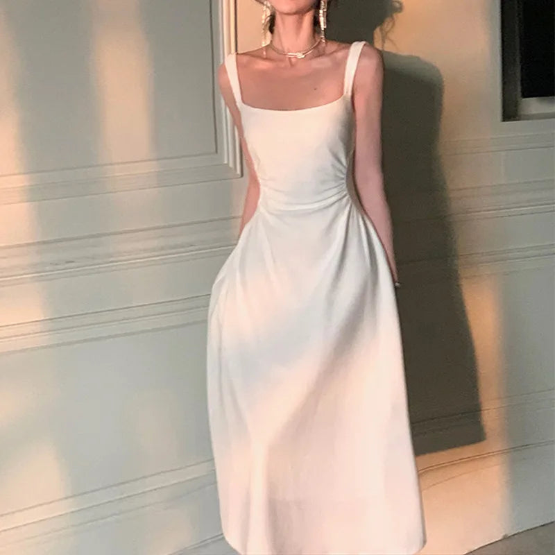 2024 Summer Evening Party White Midi Dress Office Lady Slim Sexy Sleeveless Strap Dress Beach Style Women One Piece Dress Korean