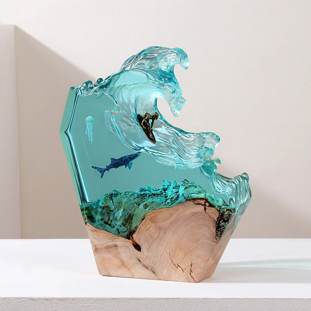 바다 고래 서핑 데스크탑 장식품 창조적 인 아트 램프 홀더 솔리드 나무 수지 나이트 라이트 생일 선물