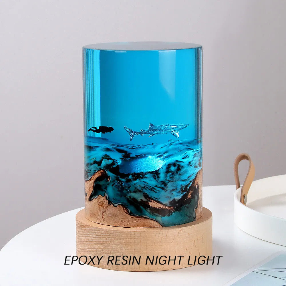 Home Decoration Marine Turtle Whale Shark Diver Desktop Dekorasi Silinder Solid Wood Resin Night Light