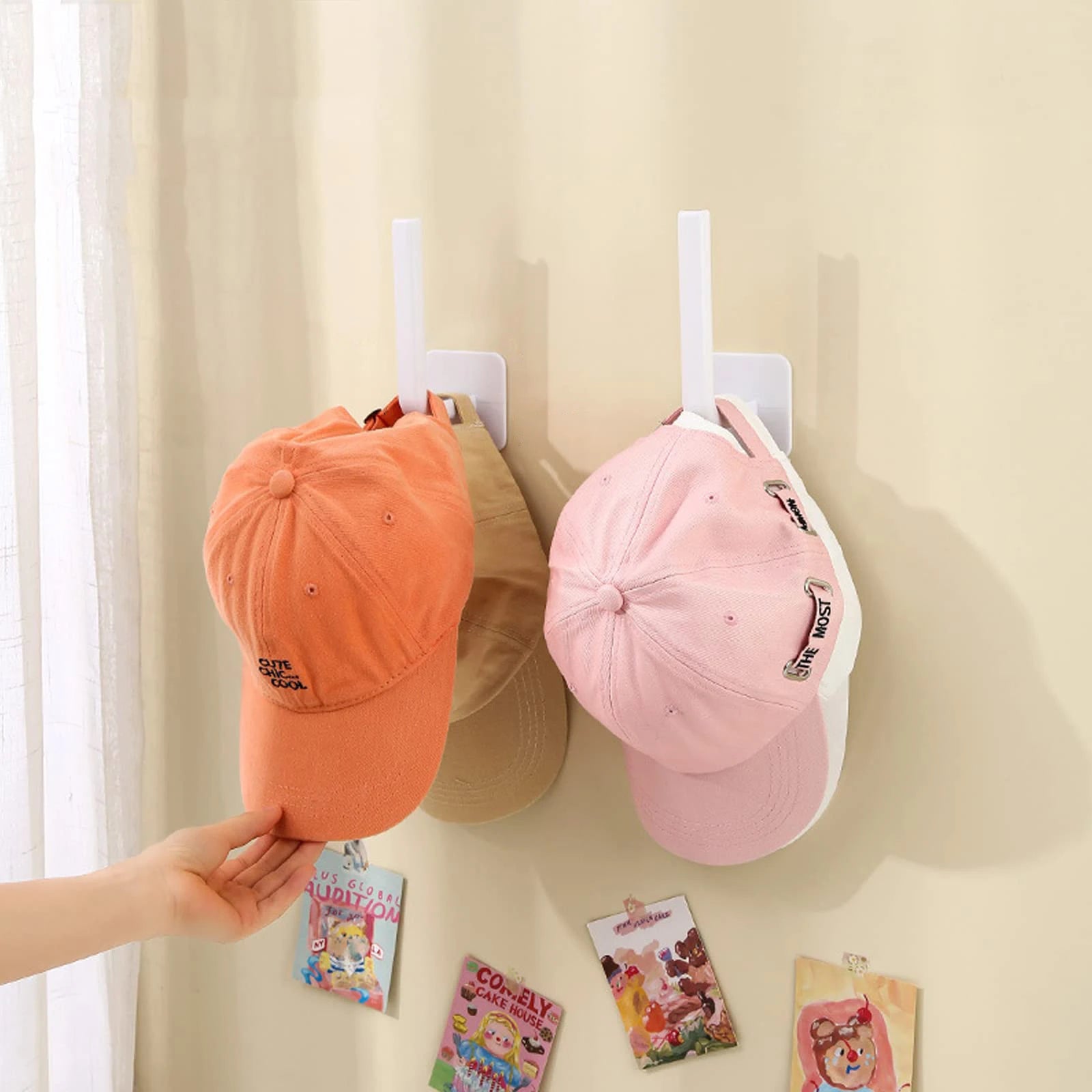 Ratch de sombrero para gorras de béisbol ganchos de sombrero adhesivo para la tapa de la pared organizador de tapa de almacenamiento sin soporte para el sombrero de perforación para el armario de la puerta