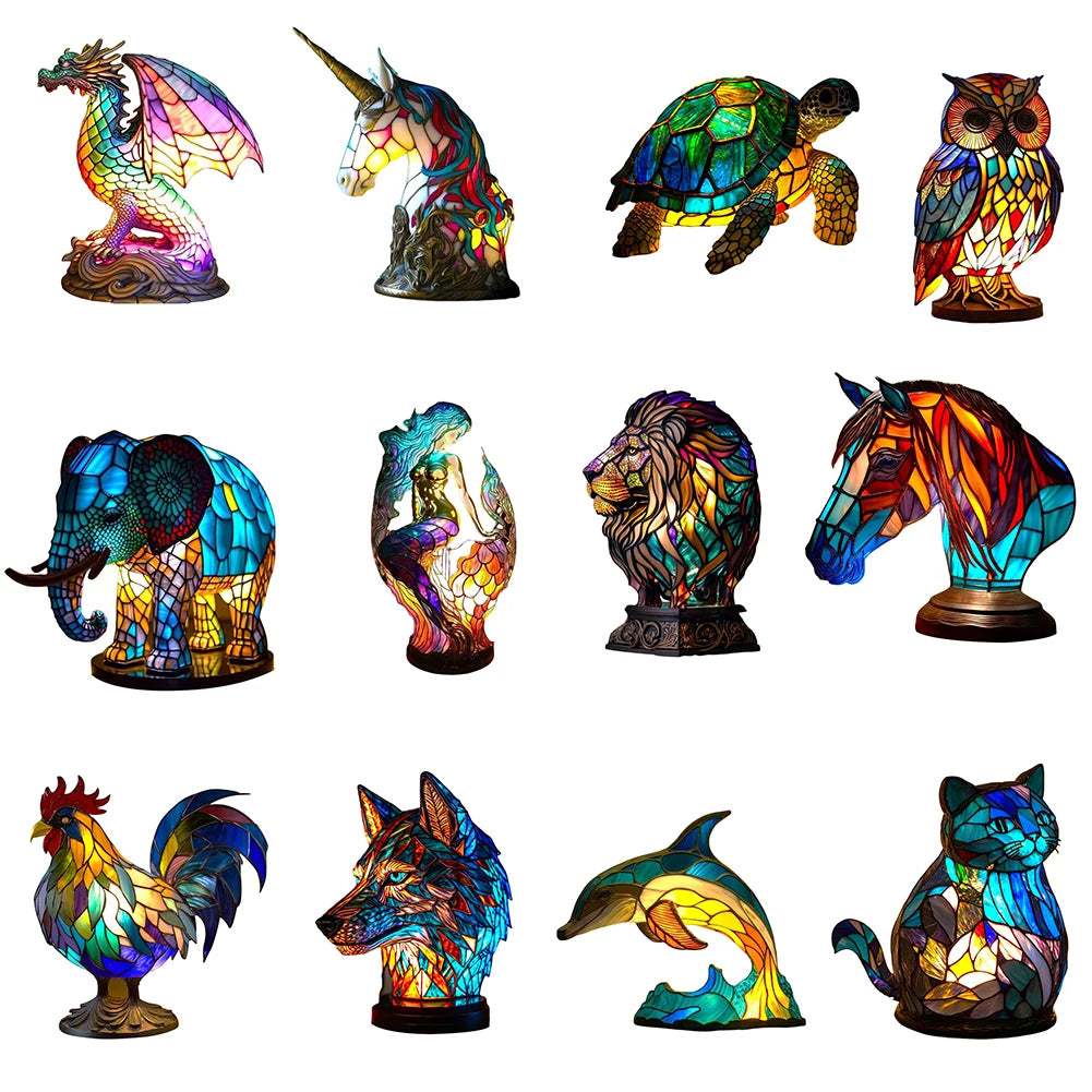 Colorful Animal Style Desk Lamps Vintage Stained Glass Dragon Sea Turtle Table Lamp Lion Dolphin Wolf Design Bedroom Night Light