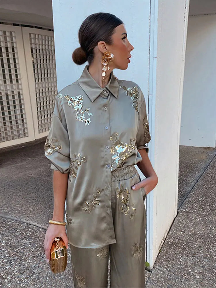 Fashion Casual Sequinned Shirt Suit For Women Chic Lapel Long Sleeves Top Elastic Waist Long Pants Set Spring Lady Elegant Suits