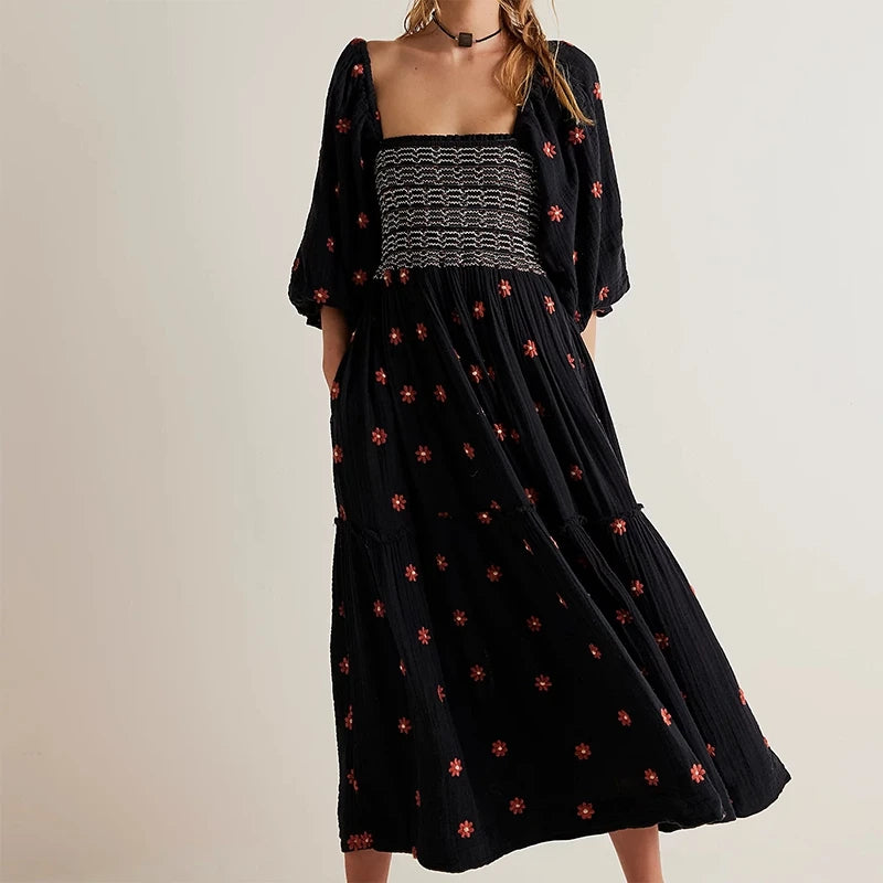 Beach Style Holiday Ruffle Swing A Line Maxi Dress Bohemian Floral Dress Women Lady Square Neck Long Sleeve Club Party Dress