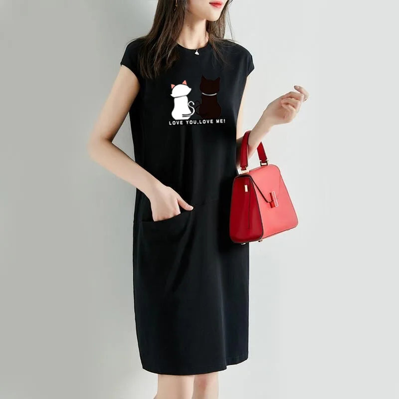 Women Summer Kawaii Cat Print Dress Korean Fashion Aesthetic Clothes Casual Streetwear Black Loose Midi Dresses for Women 2023