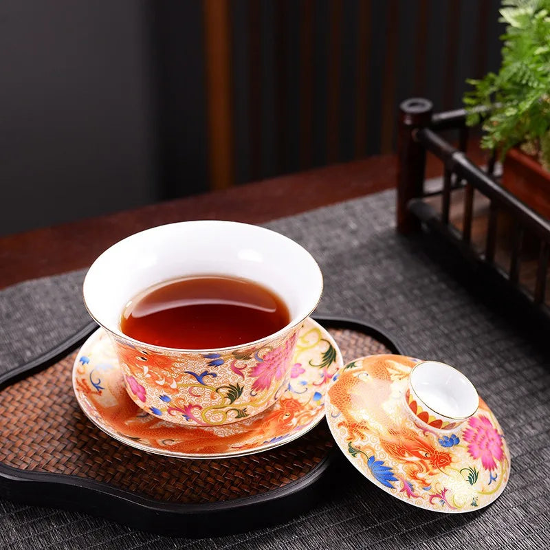 240ml Retro Dragon Phoenix Keramic Gaiwan Teetasse handgefertigtes Tee Tureen Schüssel Chinesische Porzellan Teebeche Getränke Persönliche Tasse Geschenk