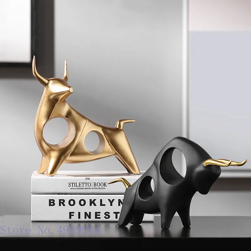 Creative Resin Animal Sculpture Abstract Simulation Cattle Bull Statue Golden Hollow Modern Home Decoration Accessories European