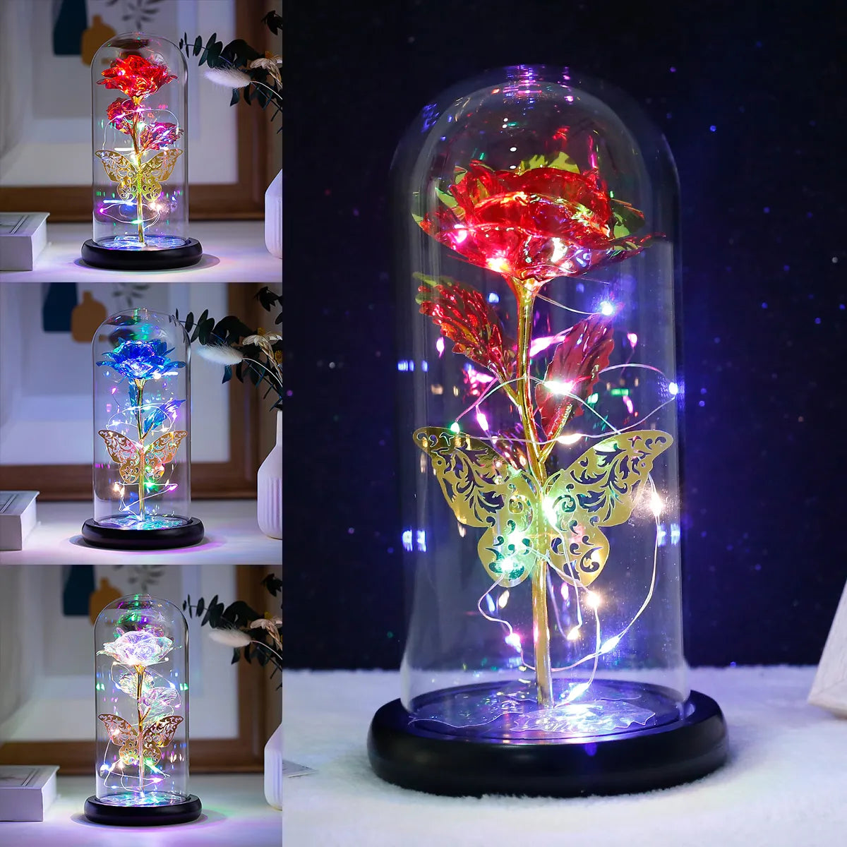 Rose Light Artificial Galaxy Rose Lamp com borboleta e flores de rosas led coloridas em presentes alimentados por bateria de vidro para mulheres