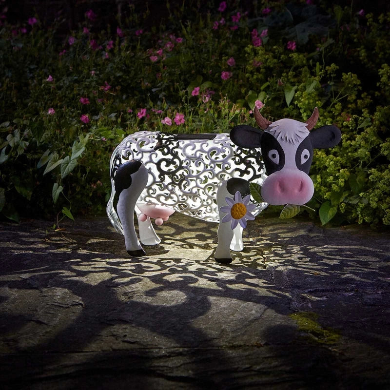 Solar Daisy Cow Statue Hollow Wrought Iron Ornament Led Lantern Crafts for Outdoor Garden Lawn Yard Decoration