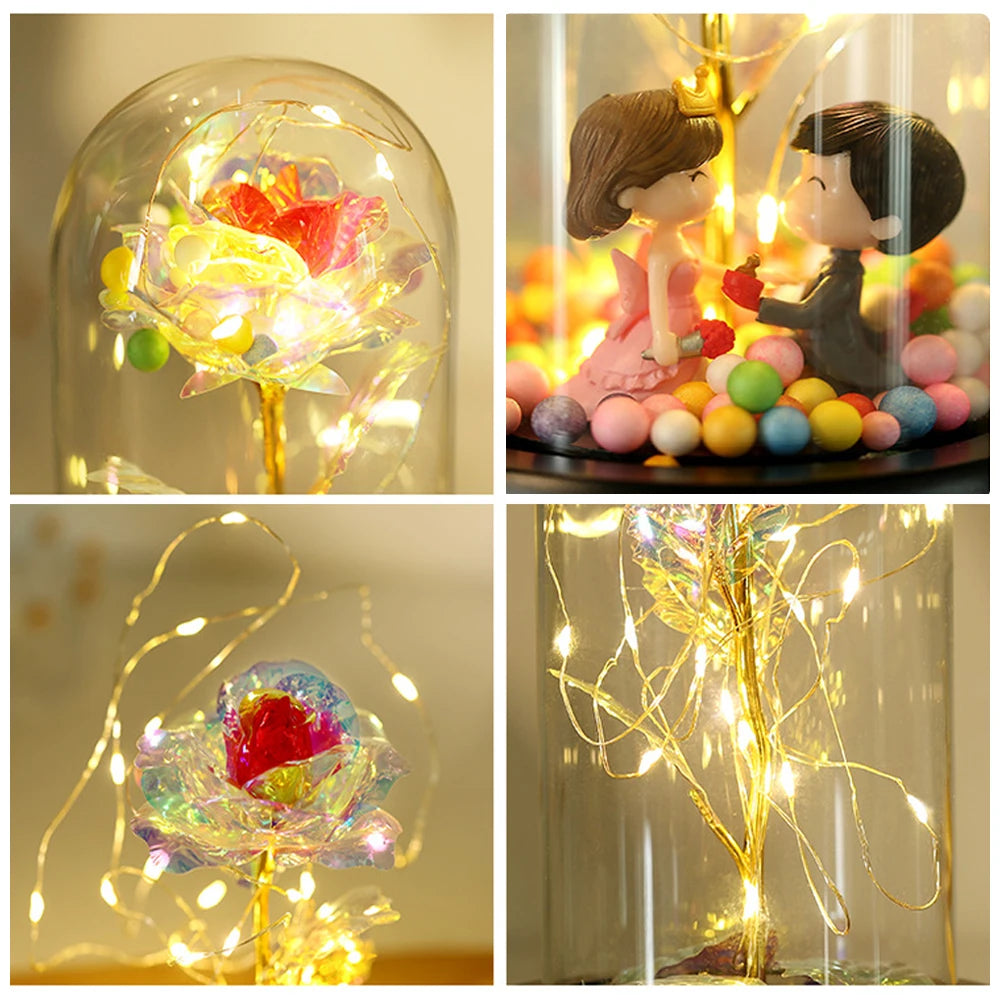Eternal Rose Artificial flower glass cover decoration LED Light Foil Flower In Glass Cover Wedding Valentine's Day Mother's Gift