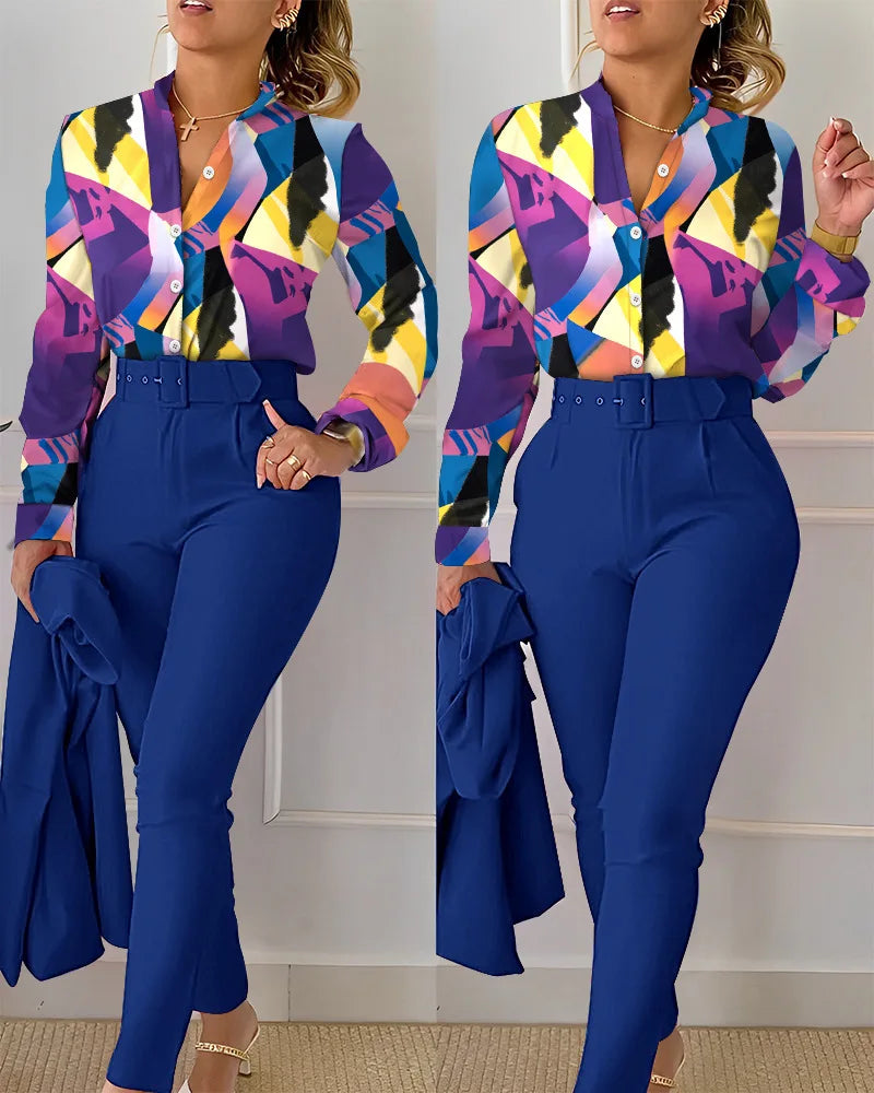 elegant print shirt and pants two piece sets women 2023 spring autumn fashion long sleeve shirts high waist pant casual suits