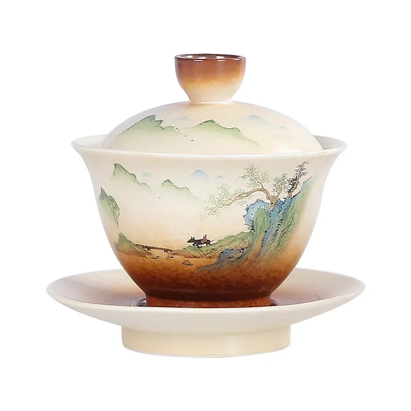 Sancai Gaiwan Retro Pottery Teh Jepang Set Teh Keramik Ture Tureen Kung Fu Cangkir Teh Cangkir Mangkuk Teh