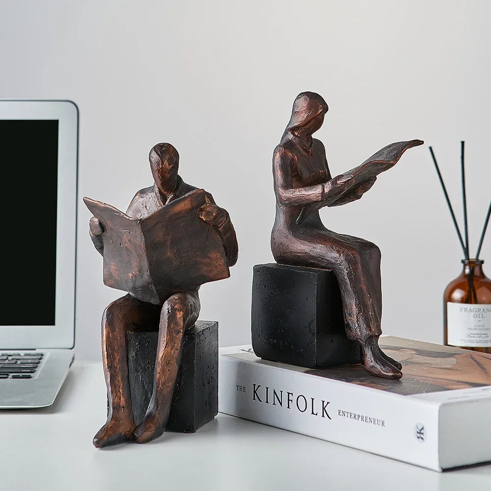Golden Reading Sculpture, Aesthetic Home Decor & Office Accessory