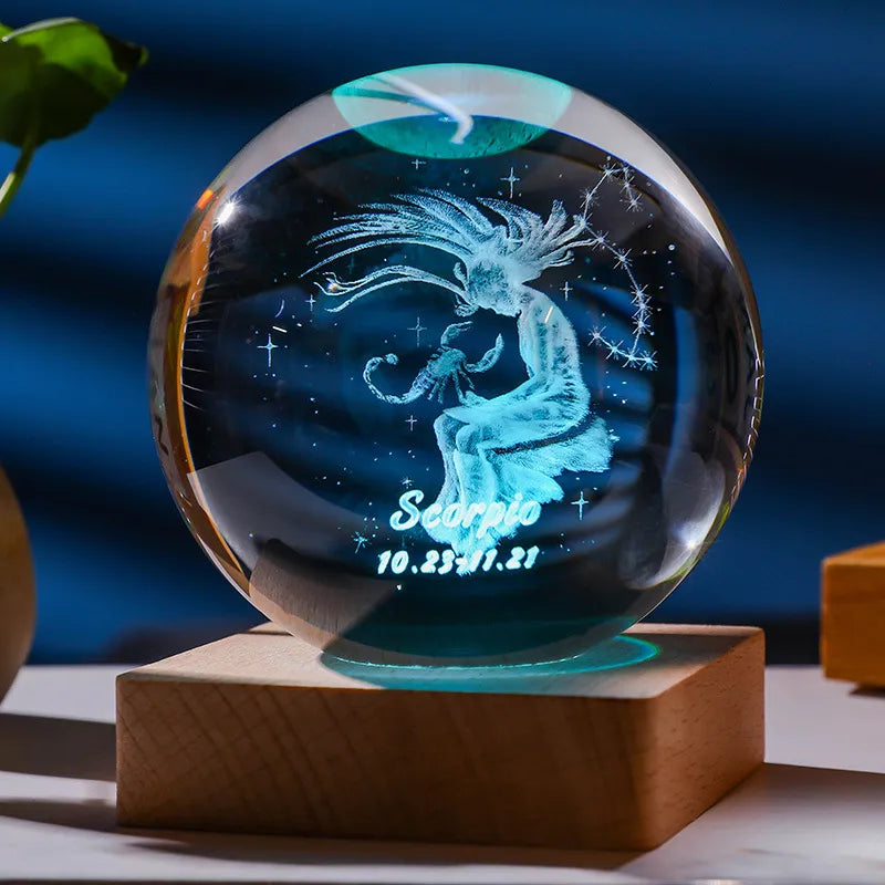 3D Constellation Crystal Ball Night Light Laser Indgraveret fødselsdagsgav Glass sfære Hjemme Desktop Dekoration med træ USB -base
