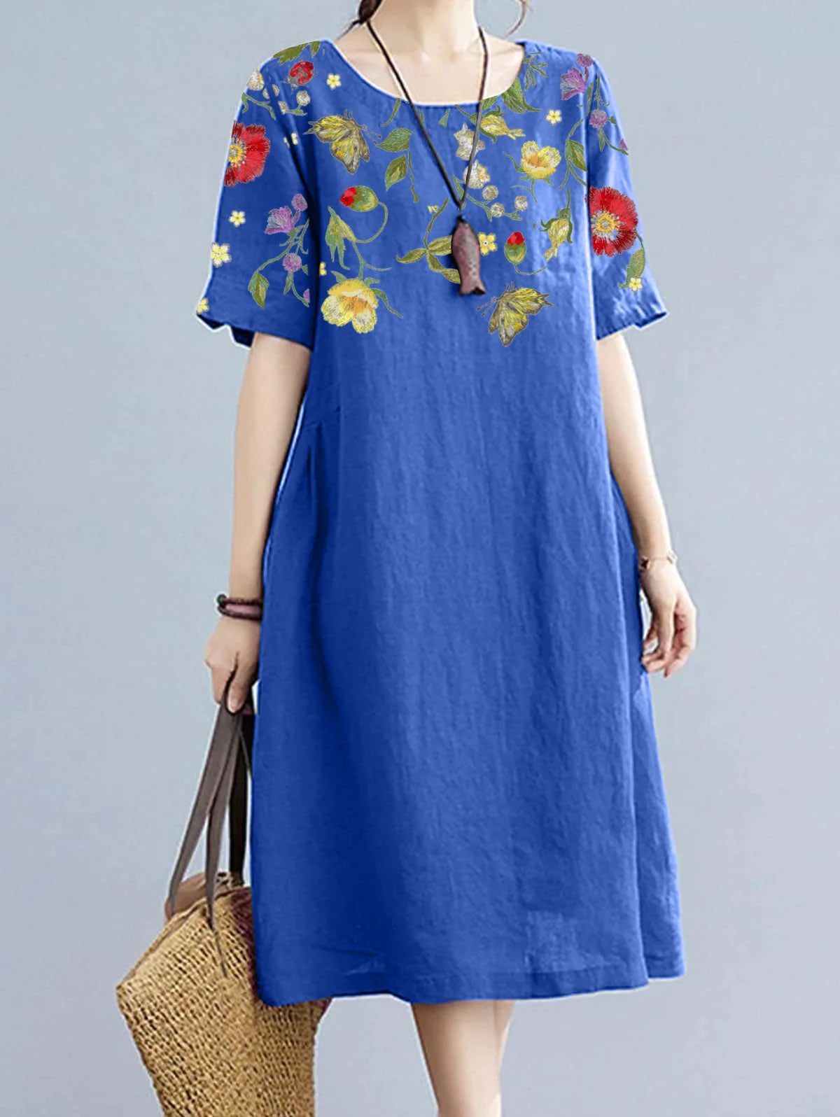 Fashion Women Floral Print Dress Summer Short Sleeve Midi Dress Vestidos 2023 Elegant Casual Loose Dress Woman's Clothing