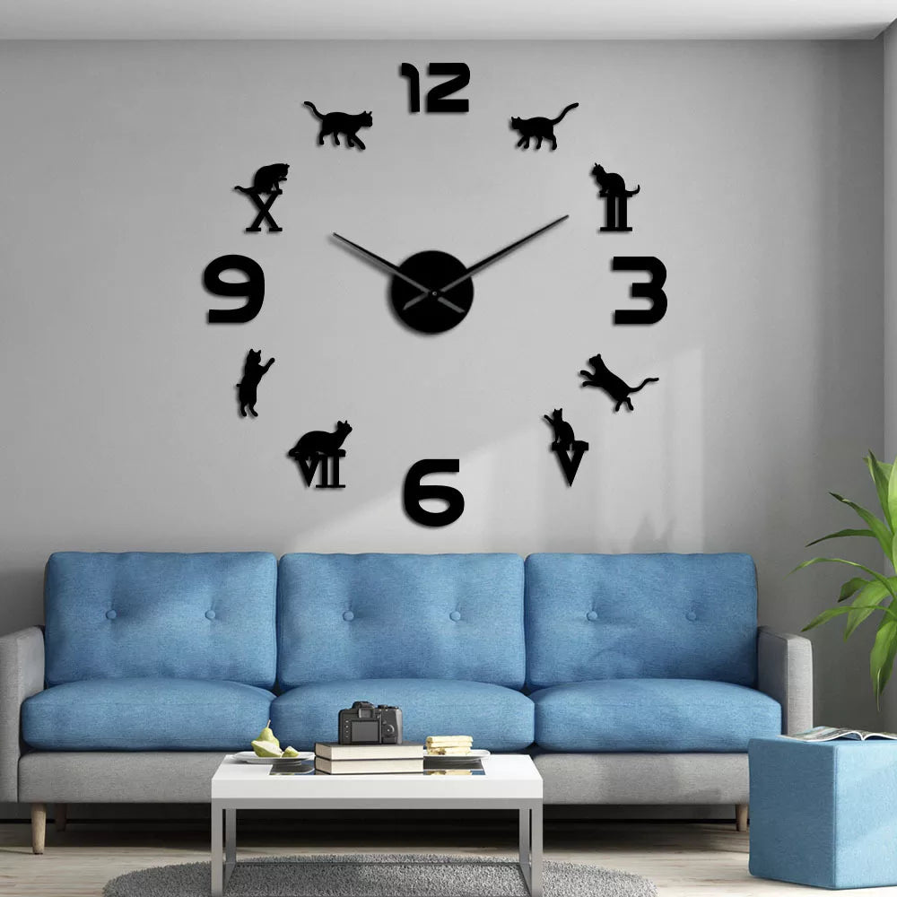 Stiker cermin akrilik besar fashion baru 3d jam ukuran besar kucing diy jam stiker moden rumah seni dekorasi dinding dinding jam tangan