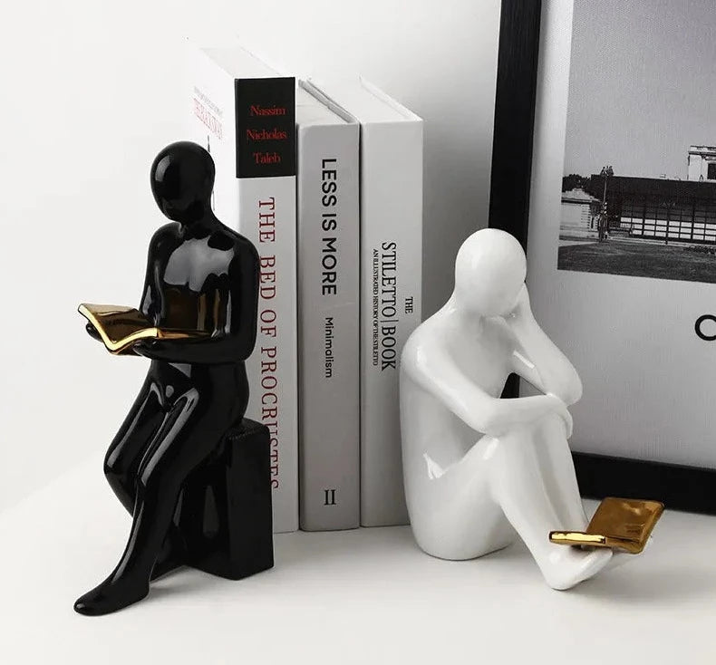 Reader Shape Ceramic Bookends: Minimalist Library Bookshelf Ornaments