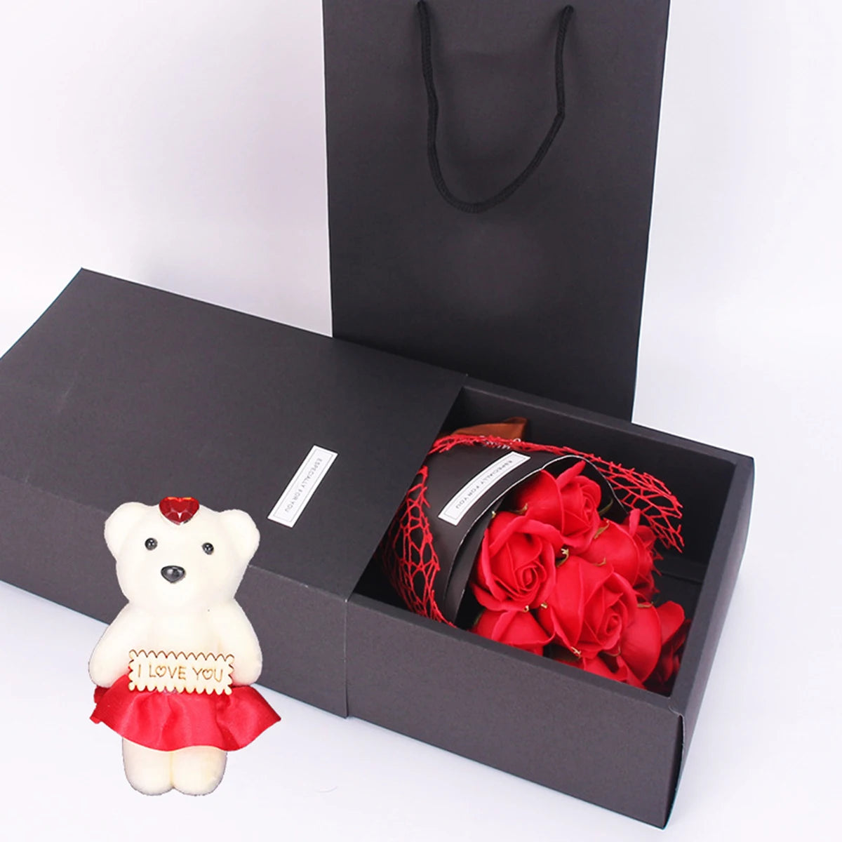 1pc 수제 7 장미 비누 부케 작은 곰 선물 상자, 창조적 인 발렌타인 데이 어머니의 날 생일 파티 장미 꽃 선물