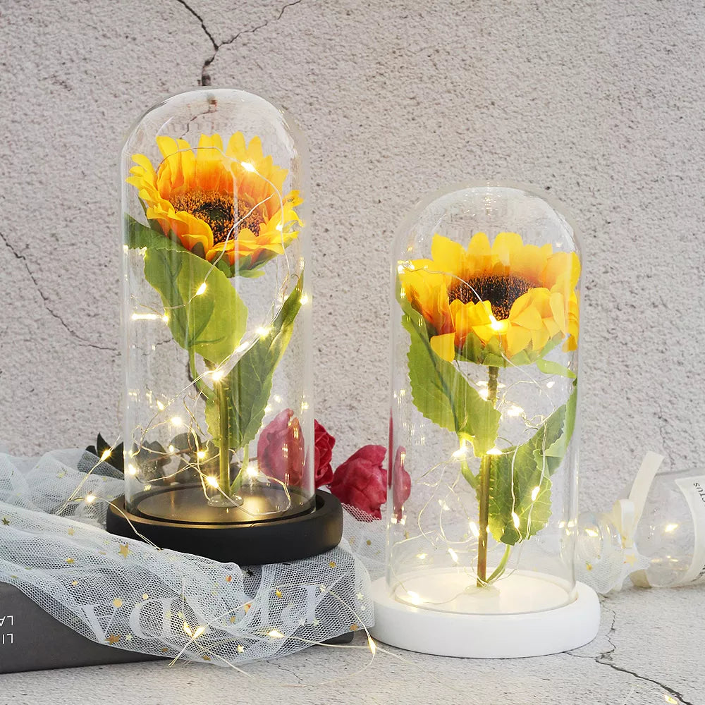 Künstliche unsterbliche Blume Die Schönheit und das Biest Sonnenblumenglas Dome Muttertag Weihnachtsgeschenk für Hochzeitsdekoration
