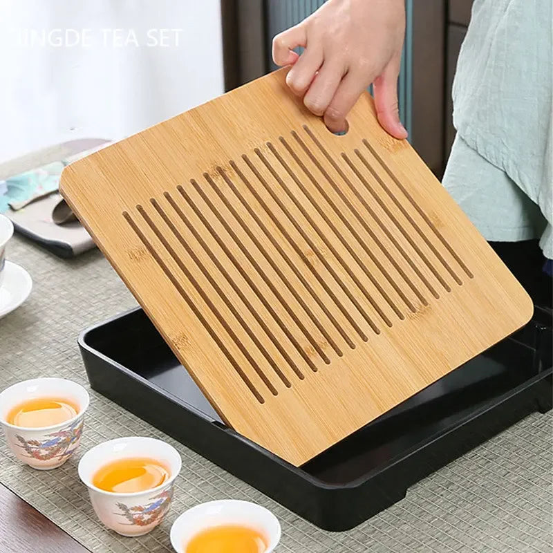 Bambu te-bricka hushåll teuppsättning tillbehör liten te bräd vattenlagring och dränering våt och torrt skala