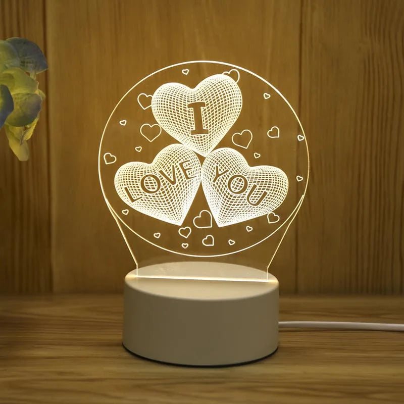 Cinta romantis 3D LED LED ACRYLIC UNTUK RUMAH RUMAH MALAM MALAM MALAM Meja Lampu Lampu Pesta Ulang Tahun Dekorasi Hari Tempat Tidur Valentine