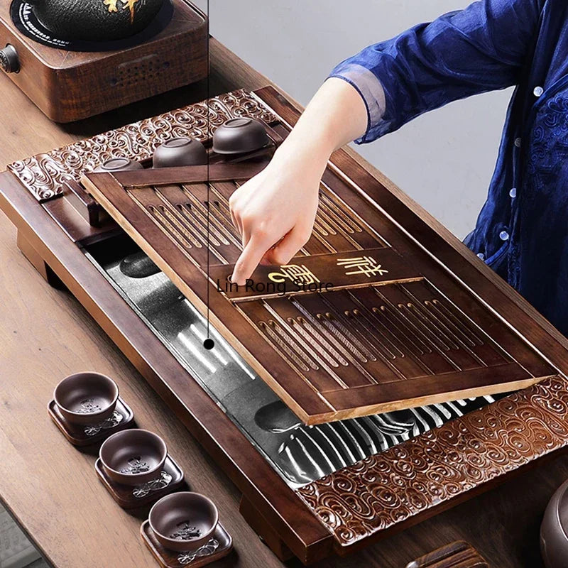 Wooden Kung Fu Tea Trays Serving Luxury Vintage Chinese Tea Trays Drainage Decor Tee Tablett Office Accessories WK50TT