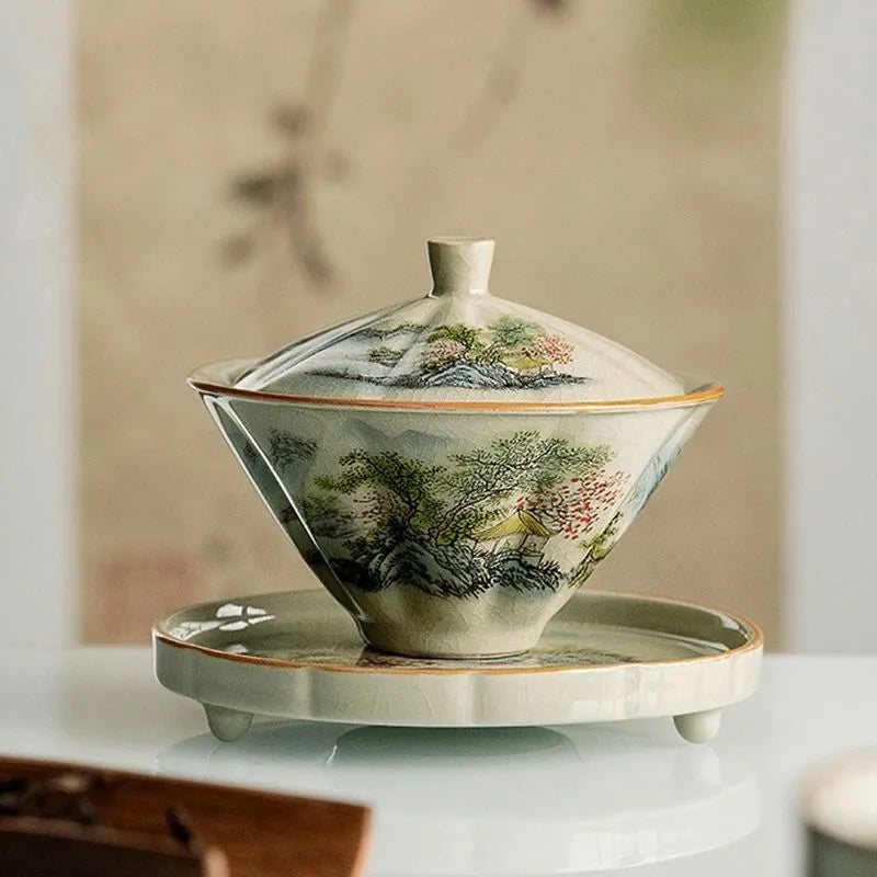 Cangkir Teh Jingdezhen-Keramik dengan topi bambu, barang teh buatan tangan tradisional, mangkuk tunggal, teh kung fu dengan tutupnya, Sancai Gaiwan