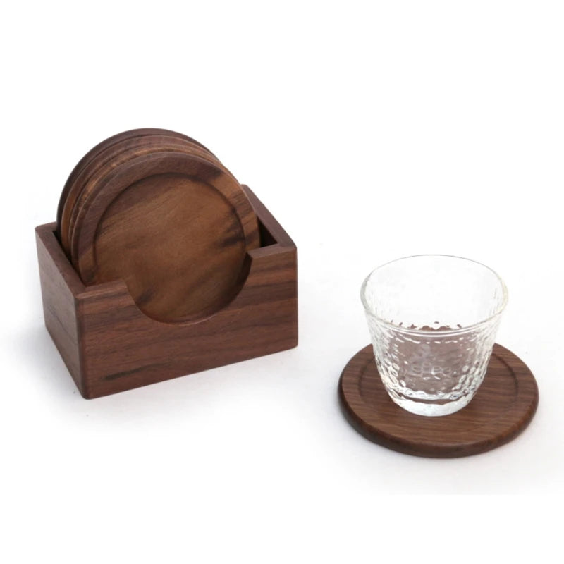 6Pcs Walnut Wood Coasters Placemats Decor Round Heat Resistant Drink Mat Home Kitchen Table Tea Coffee Cup Pad