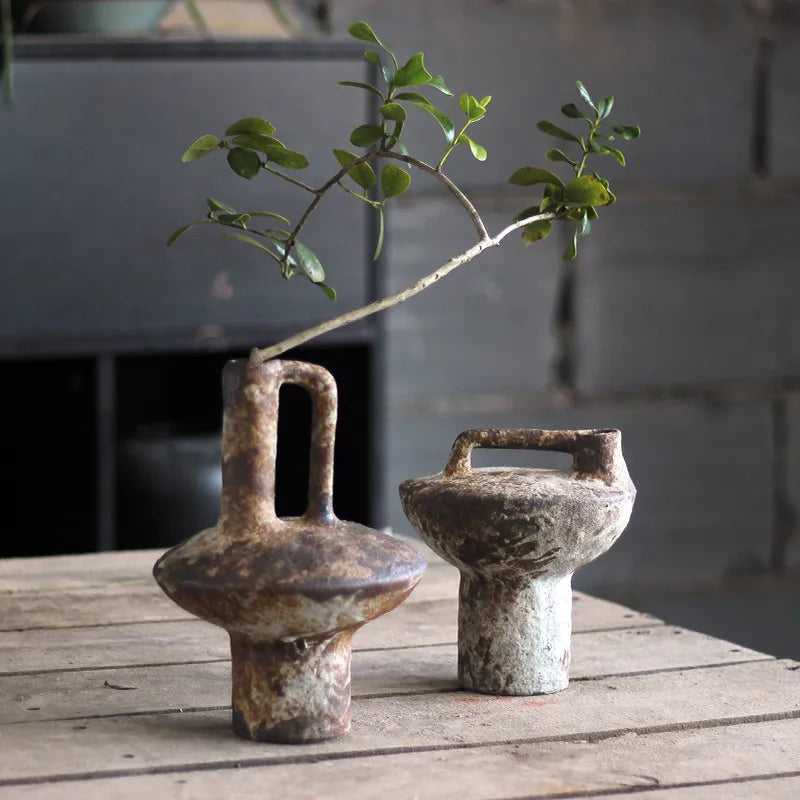 Jingdezhen-cerámica, cerámica rugosa, arreglo floral, hecho a mano vintage, estilo wabi-sabi, flores secas, disposición zen