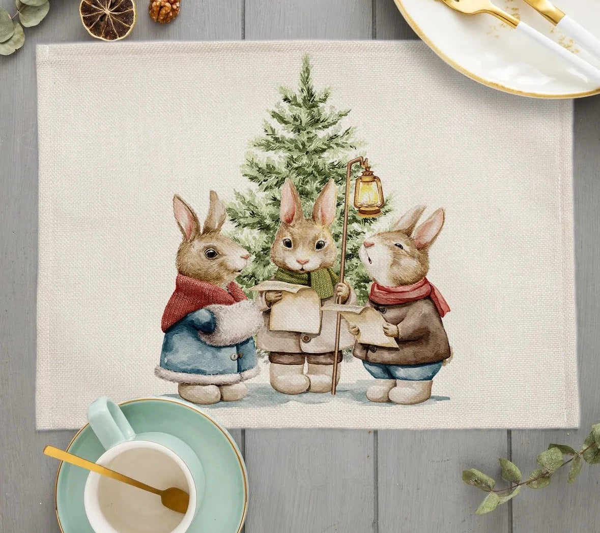 2023 Christmas Tree Cute Animal Decorations Placemat Linen Dining Table Mats Coaster Pad Bowl Coffee Cup Mat Tablecloth 42x32CM