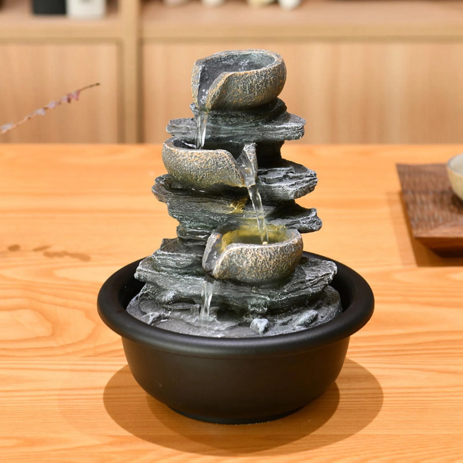 Tiered Tabletop Fountain with Scene Light Meditation Indoor Waterfall Fountains for Home Housewarming Living Room Hotel Office