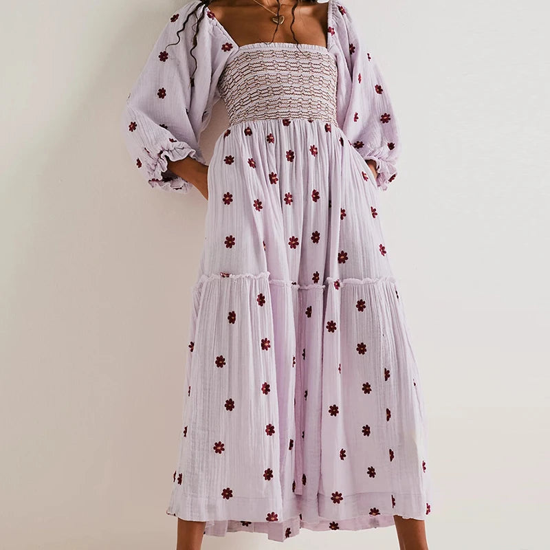Beach Style Holiday Ruffle Swing A Line Maxi Dress Bohemian Floral Dress Women Lady Square Neck Long Sleeve Club Party Dress