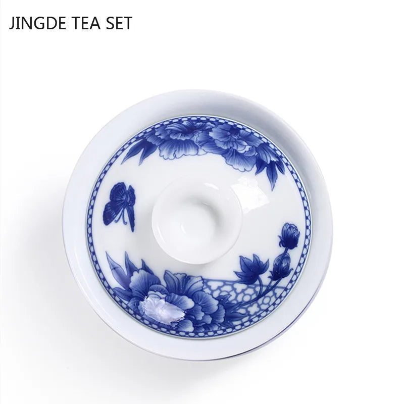 Jingdezhen en porcelaine blanche Gaiwan Tasse de thé en porcelaine bleu et blanc en porcelaine de thé.