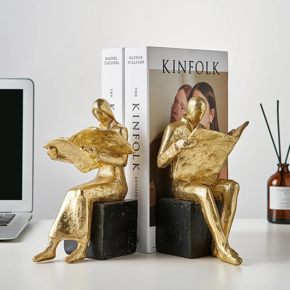 Golden Reading Sculpture Home Decor Aesthetic Study Becreol Ornament Simple Book End Resin Miniatures Crafts Office Tilbehør