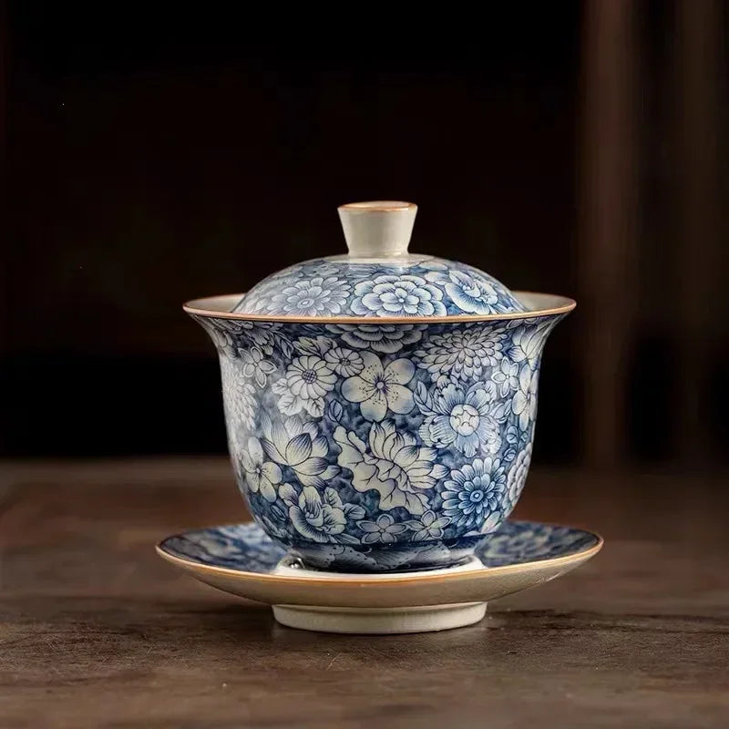 Oldtonblau und Weiß, Bambushut Tureen High-End-High-End-Sancai Gaiwan Tea Tasse, Keramik Haushaltseineremonie Teebrauenschale
