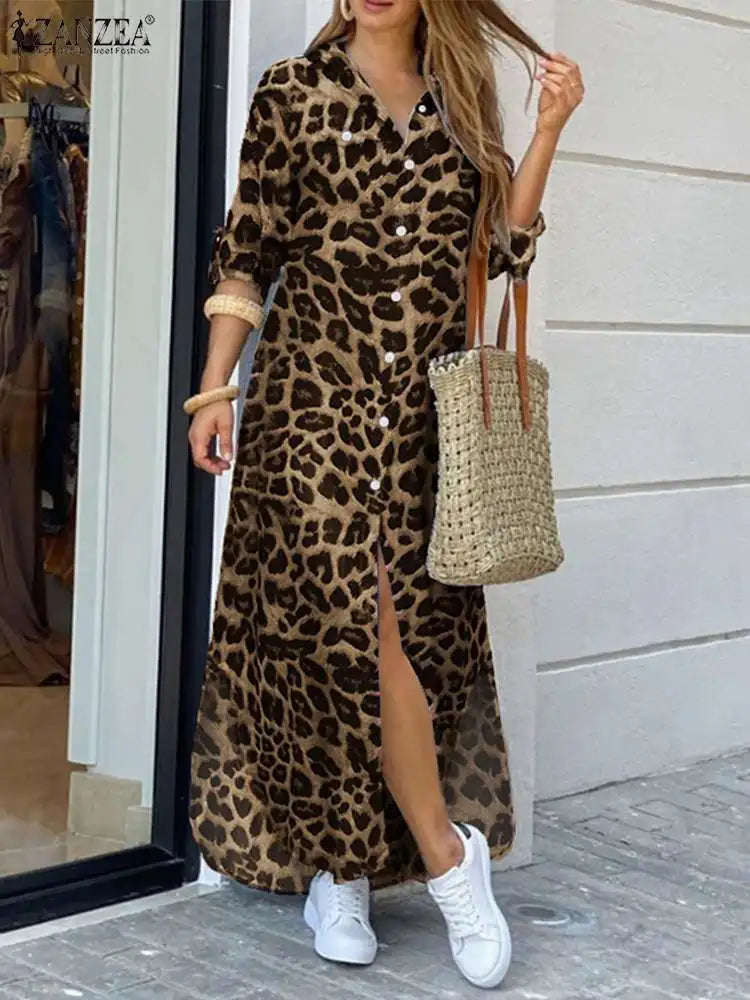 ZANZEA Party Vintage Leopard Robe 2023 Autumn Casual Long Sleeve Maxi Long Vestidos Dress Fashion Oversized Women Shirt Sundress