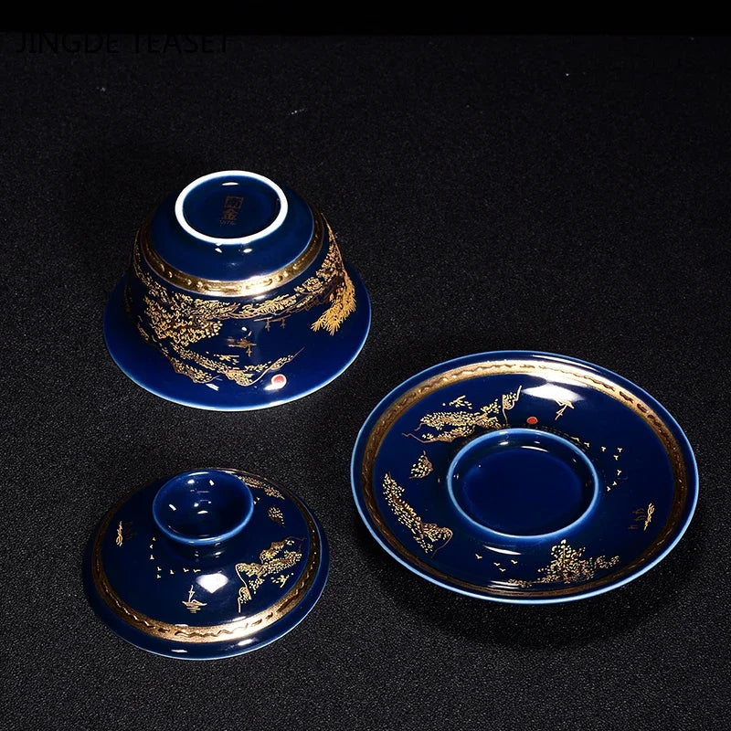 Luxueuse tasse de thé en céramique gaiwan à la main the tureen bol chinois en porcelaine bleu et blanc accessoires de civil
