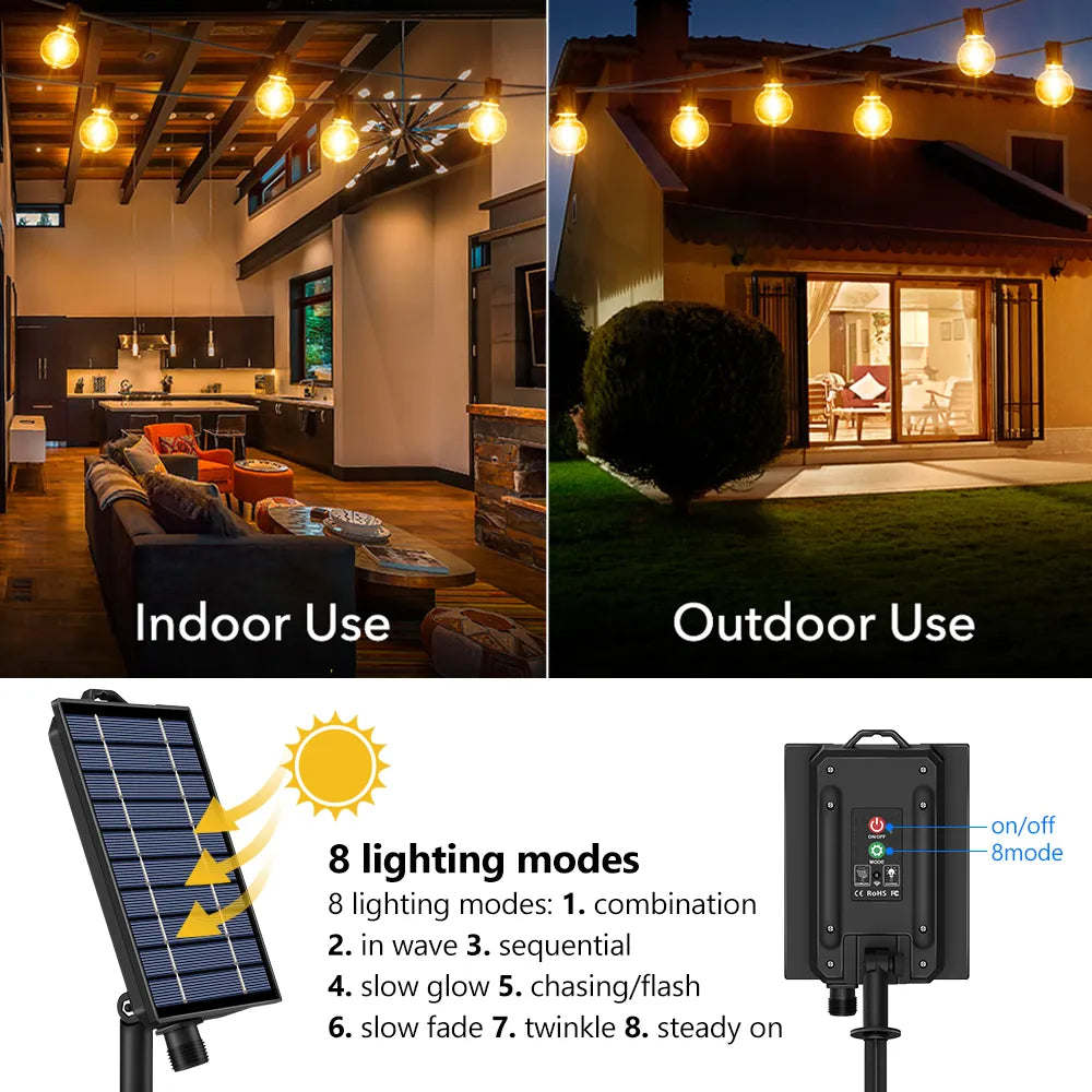 G40 Solar String Outdoor Usb Patio LED LUZES, 8 modos de luz, lâmpadas à prova de quebra, decoração de festa de Natal do Terrace Garden Pub