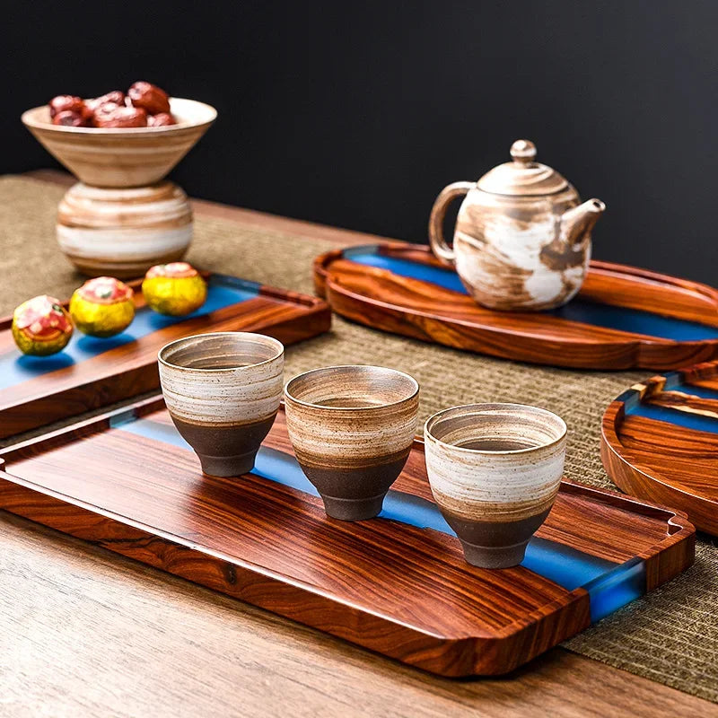 Wooden tea tray high-grade epoxy resin retro tea table household small dry bubble tray tray snack snack tray