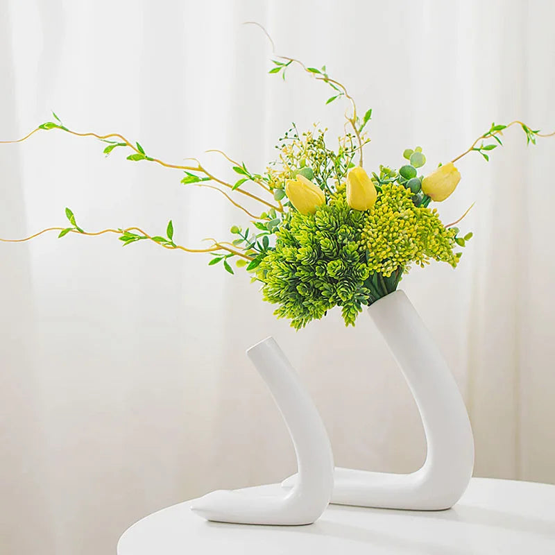 NIFLHEIM 2pcs/set Porcelain L Shape Vases Centerpiece Decor Ikebana Flower Arrangement Home Tabletop Decoration Accessories Gift
