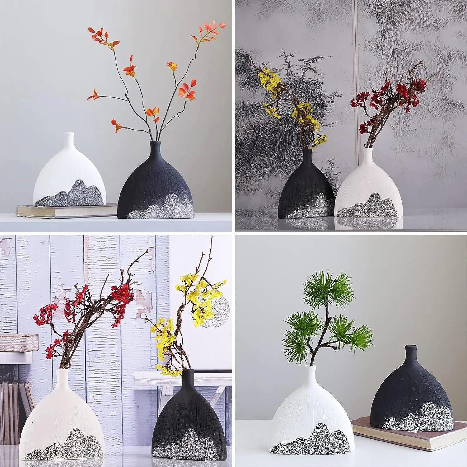 Set von 2 Schwarz -Weiß -Keramik -Vasen Landschaft Kunst Vase Skandinavischer Stil Desktop Dekorationen Dekorative Haus einzigartige Geschenke