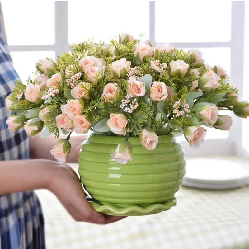 Vaso de cerâmica doméstico moderna+conjunto de flores artificial estatuetas e miniaturas decoração de escritório de café com desktop falsa ornamento de panela de flores