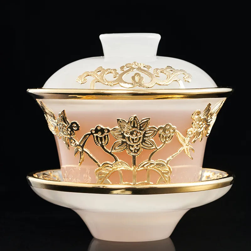 Złoto Inkrustowane Jadeled Jade Porcelain Gajwan Tea Cup Chiński zestaw herbaty kung fu znakomity luksusowy kolekcjonerski zestaw herbaty prezenty