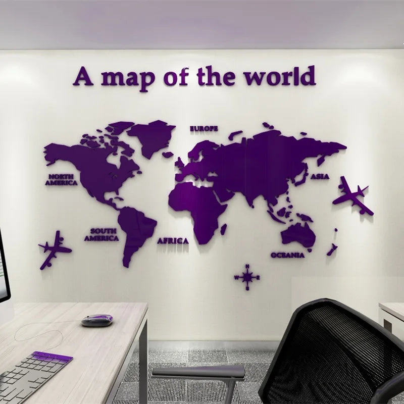 3D Dünya Haritası Duvar Etiketi Akrilik Düz Renk Kristal Yatak Odası Duvar Oturma Odası Sınıf Çıkartmaları Ofis Dekorasyon Fikirleri