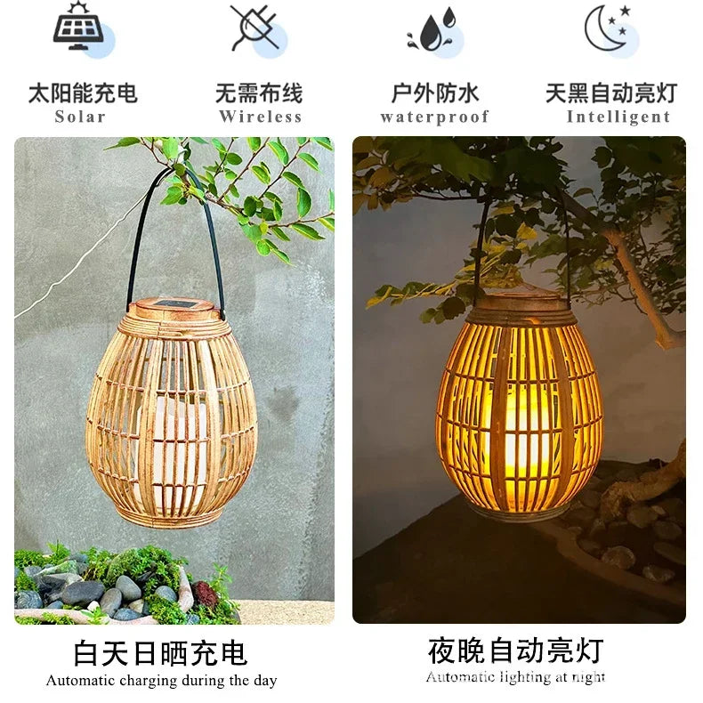Naśladowanie słoneczne na zewnątrz rattan lantern balcony dekoracje ogrodu świece światła świec kreatywne atmosfera bambus żyrandol